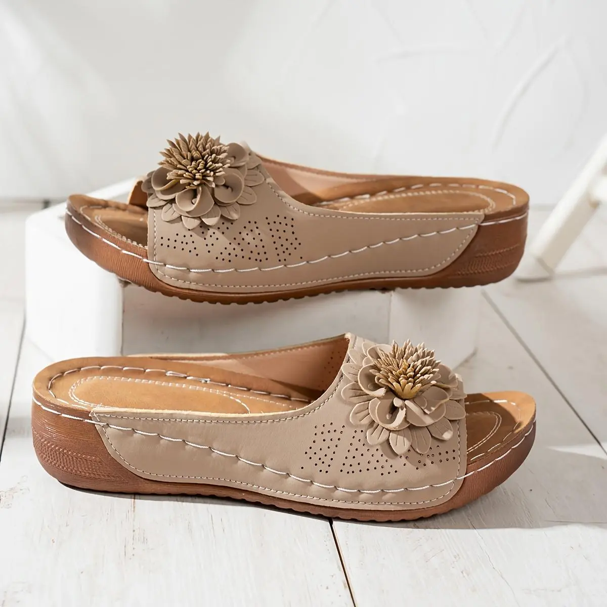 Women's Floral Embellishment Open Toe Slides - Polyurethane Sole, Flat Heel, Solid Color Comfort Slip-On Sandals with Thick Platform Sole