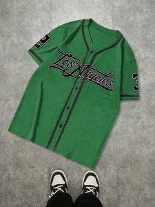 Men's Letter Print Short Sleeve Baseball Jersey, Regular Fit Casual Sporty Button Design Baseball Top for Summer, Men's Clothes for Beach Vacation