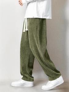 Men's Solid Drawstring Waist Pocket Corduroy Pants, Loose Casual Comfy Straight Leg Trousers for Fall & Winter, Men's Bottoms for Daily Wear