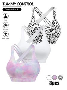 Women's Leopard & Tie Dye Print Criss Cross Sports Bra, Breathable Comfortable Wireless Sports Bra, Ladies Sportswear for Indoor Outdoor Wear