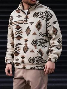 Men's Ethnic Pattern Zip Up Fleece Sweatshirt, 1 Count Casual Loose Long Sleeve Stand Collar Pullover for Fall & Winter, Men's Clothes for Daily Wear