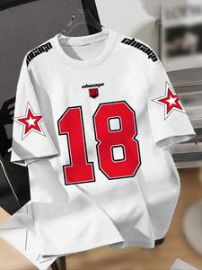 Men's Plus Size Number & Letter & Star Print Drop Shoulder Tee, Regular Fit Casual Short Sleeve Round Neck T-shirt for Summer, Men's Plus Size Clothes for Daily Wear, National Day Offers