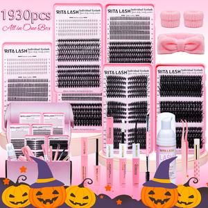 ritalash 1930pcs d curl large capacity eyelash 3 trays book kit bottom+spike+60d+100d+30d+50d+80d+cat40d/50d/60d+150d natural eye makeup, reusable, with make up tools bond&seal, remover, headband, for daily going out, and holidays, diy eyelash extensions