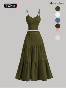 Women's Solid Crop Cami Top & A-line Skirt Two-piece Set, Casual Fashion Cozy Two Piece Outfits for Daily Outdoor Wear, Ladies Clothes for Summer