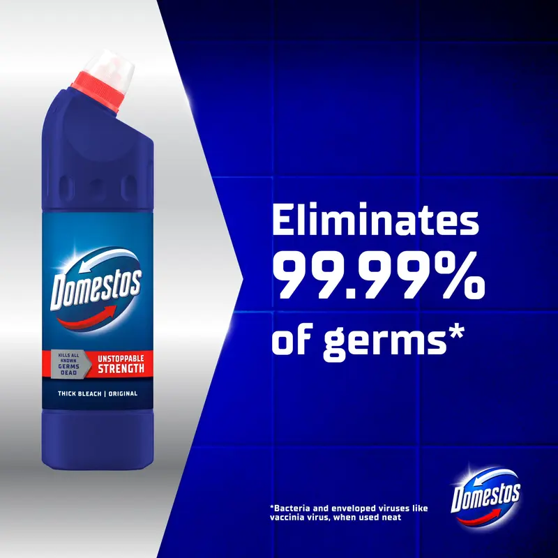 Domestos Original Thick Bleach disinfectant that eliminates 99.99% of bacteria and viruses* unstoppable strength 9x 750 ml 2