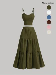 Women's Solid Crop Cami Top & A-line Skirt Two-piece Set, Casual Fashion Cozy Two Piece Outfits for Daily Outdoor Wear, Ladies Clothes for Summer, Green Set