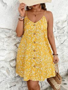 【Plus Size】 Ditsy Floral Print Button Cami Dress, Boho Sleeveless Spaghetti Strap Short Dress for Beach Holiday Vacation, Women's Clothes for Summer