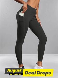 Women's Solid High Waist Pocket Sports Leggings, Sporty Comfy Breathable Skinny Pants for Yoga Gym Workout, Ladies Sportswear for All Seasons, Gym Sportswear Bottoms