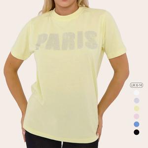 RELA RELA Diamante Paris Regular Fit Round Neck Rhinestone Embellished T-Shirt UK 6-14 Womens Clothing Short Sleeve Crew Neck Top Womenswear