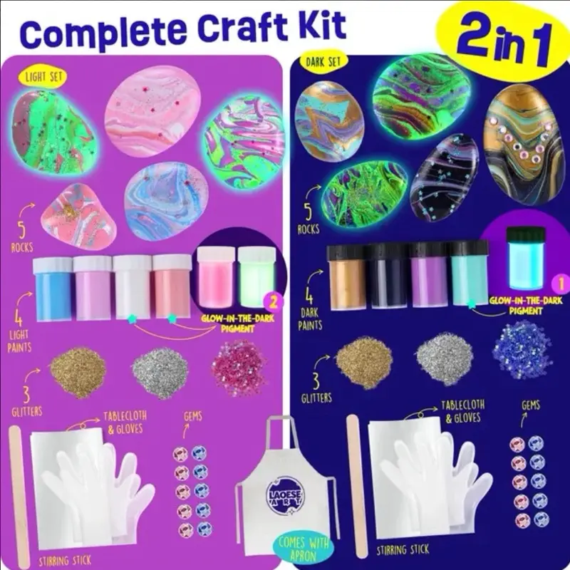 2 in 1 Rock Painting Art Kit – Glow in The Dark Pouring Rock Kit – Arts and Crafts 2