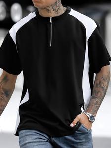 Men's Contrast Trim Zip Up Short Sleeve Tee, Loose Casual Breathable Round Neck T-shirt for Summer, Fashion Men's Top for Daily Wear