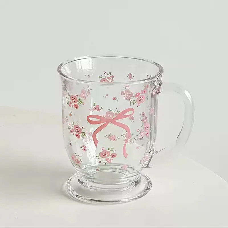 Flower & Bow Pattern Glass, 1 Count 450ML Multipurpose U-shaped Hand Washable Reusable Glass, Perfect for Milk, Coffee, Juice