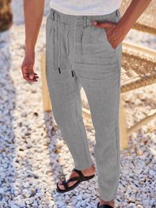 Men's Solid Color Linen Pants, Regular Fit Casual Comfy Trousers for Beach Vacation Holiday, Men's Bottoms for All Seasons, Baggy Legged Pants