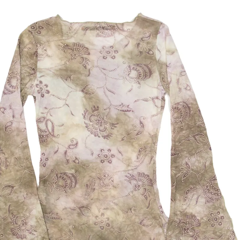 Preowned ZEBRA Flare Sleeve Y2K Womens Printed Top Brown Long Sleeve Crazy Pattern S 3