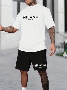 Two-Piece Set Men's Letter Print Tee & Drawstring Waist Shorts Pyjama, Crew Neck Short Sleeve T-Shirt & Pocket Track Shorts, Casual Comfy Men's Sleepwear Set for All Seasons