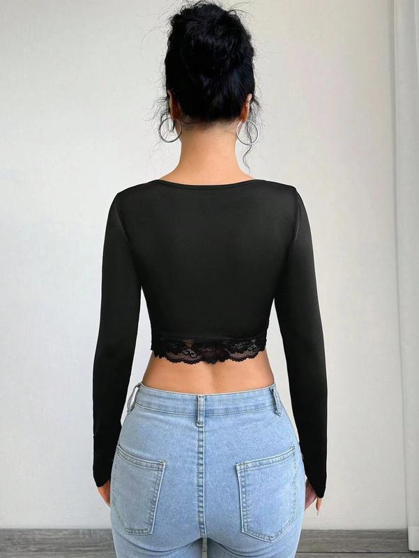 2025 new women's deep V-neck long-sleeved lace patchwork pleated short T-shirt tops for women 1