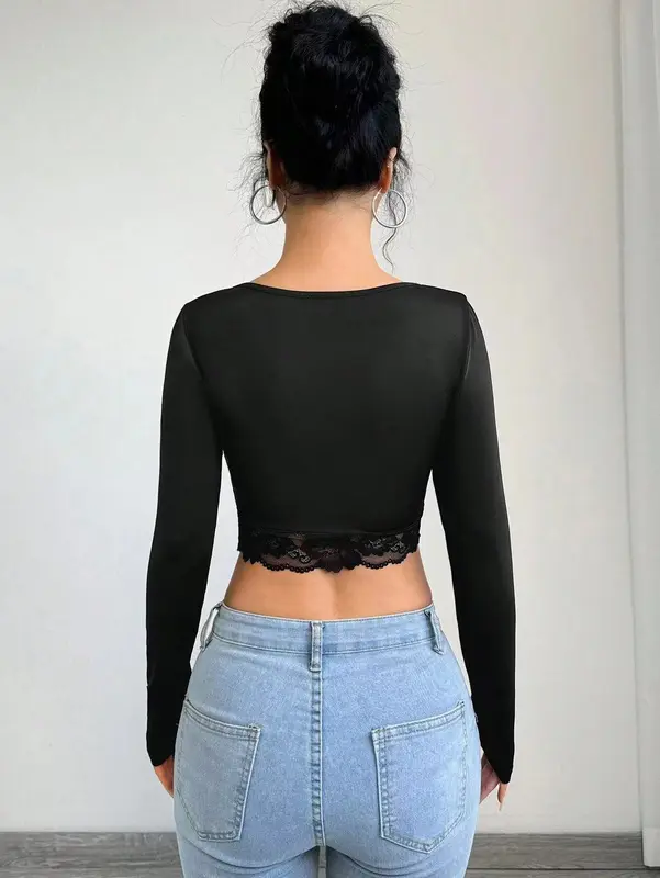 2025 new women's deep V-neck long-sleeved lace patchwork pleated short T-shirt tops for women 1
