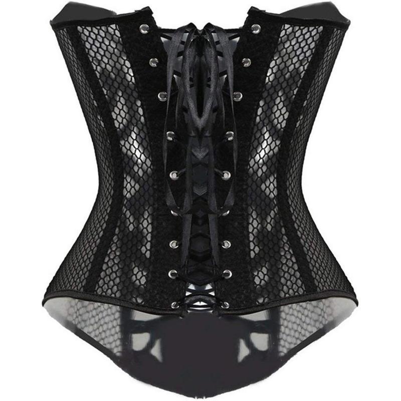 Kelvry Women's Sexy Satin Waist Cincher Lace up Boned Overbust Corset Basque Bustier Top Black 6-24 1