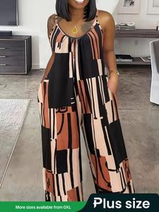 【Plus Size】All Over Print Backless Wide Leg Cami Baggy Jumpsuit, Women's Summer Clothes, Lady Casual Fit Scoop Neck Sleeveless Jumpsuit for Beach Vacation Holiday, Womenswear, Loose Jumpsuits for Women, Hippie Summer Jumpsuit