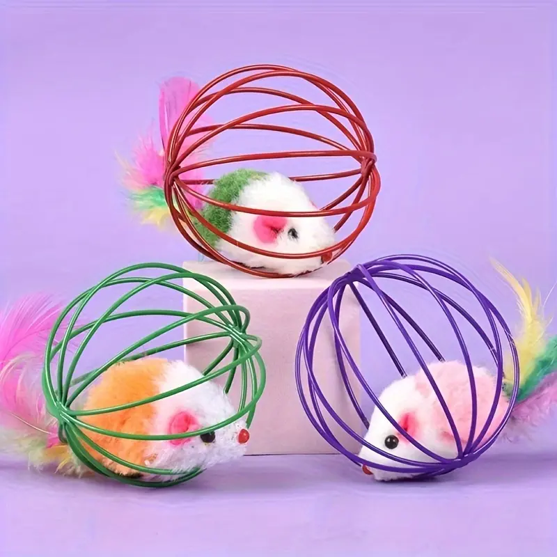 Cat Toy Cage Mouse Teaser Stick with Artificial Feather Tail Mini Ball Self-Entertaining Cat Toy 1