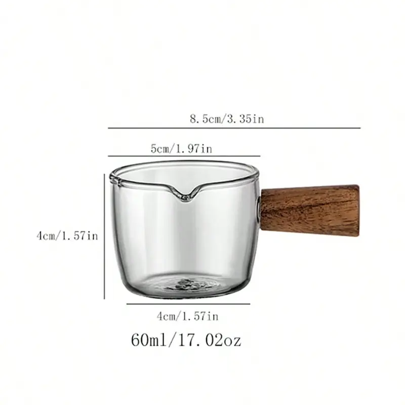 High Borosilicate Glass Mini Wooden Handle Milk Frothing Pitcher, Espresso Coffee Cup, Small Sauce Dish, Restaurant Milk Creamer 1