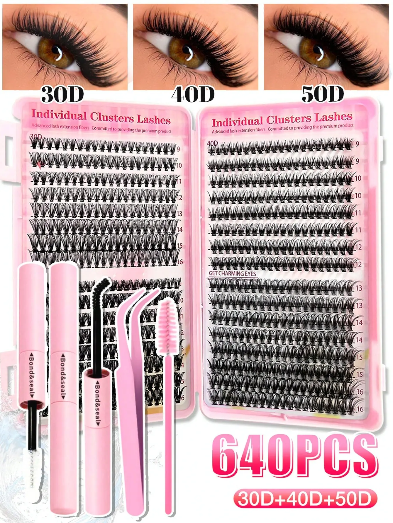 640PCS Individual Lash Clusters High Capacity 30D+40D+50D D Curl 9-16mm DIY Lash Clusters Natural Look&Extra Thick&Wispy&Ultra Soft
