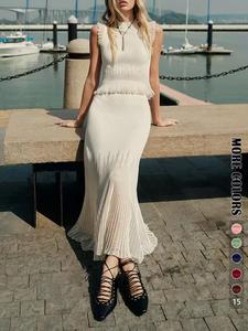 Elegant Two-Piece Set, Sleeveless Knitted Vest & Long Pleated Skirt, Fashionable Chic Slim Fit Design, Perfect for Women