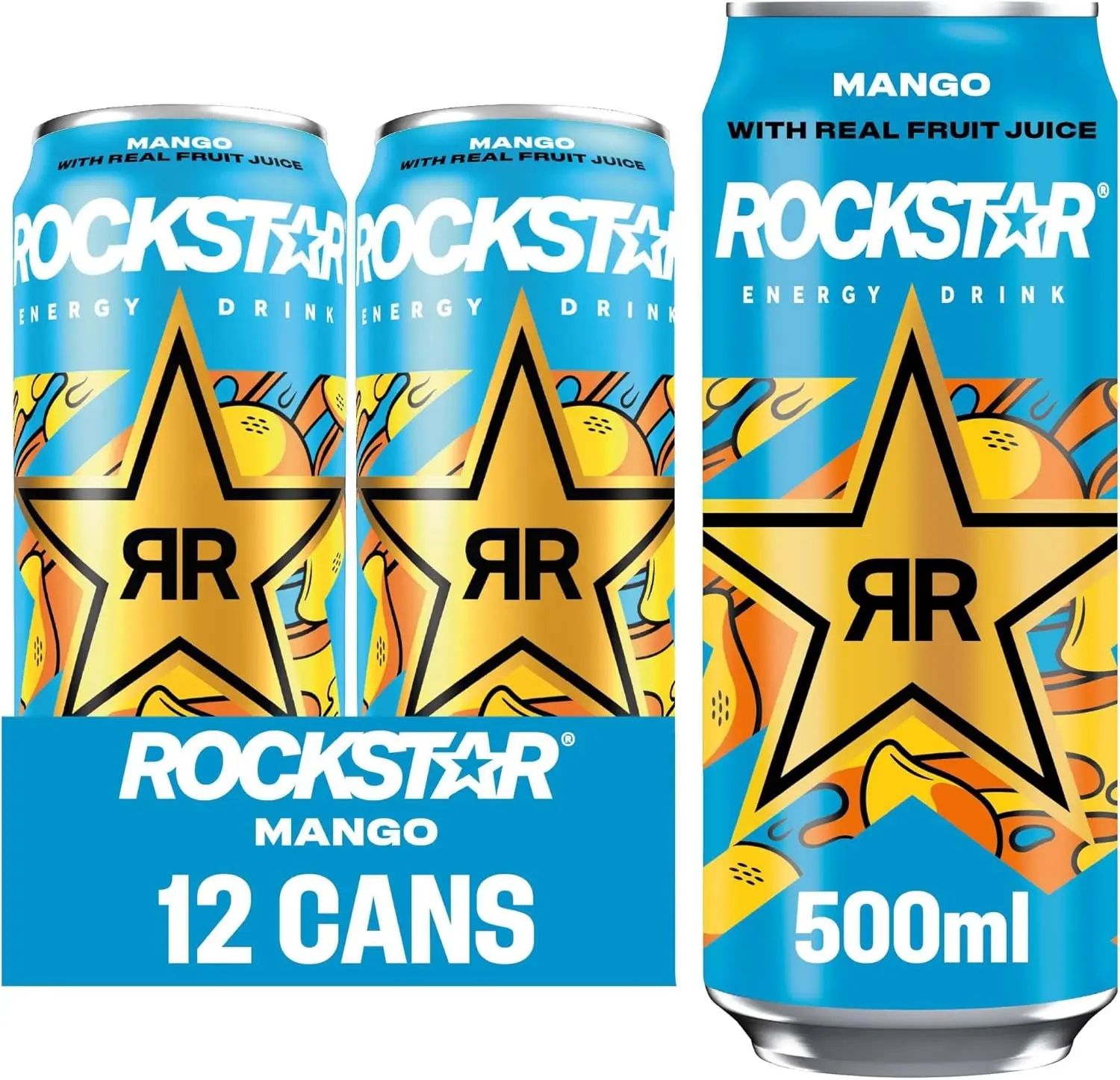 12 x 500ml Rockstar Juiced Energy Drink - Mango - With Real Fruit Juice