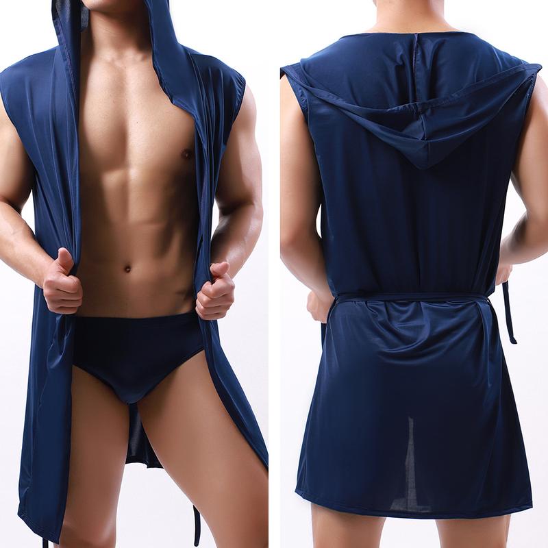 European Style Men's Bathrobe Cool Milk Silky Men's Hooded Sleeveless Thin Pajama Set with Underwear 0