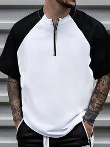 Men's Plain Zipper Half Placket Top-Stitching Tee, Loose Casual Breathable Short Sleeve T-shirt for Summer, Fashion Men's Clothes for Daily Wear