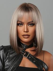 1 Piece Two Tone Ombre Synthetic Short Bob Wig with Bangs, Fashionable Straight Hair Cut, Ombre Layered Wigs