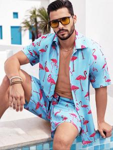 Men's All Over Flamingo Print Button Front Shirt & Drawstring Waist Shorts Set, Regular Fit Casual Short Sleeve Top & Shorts, Men's Summer Outfits
