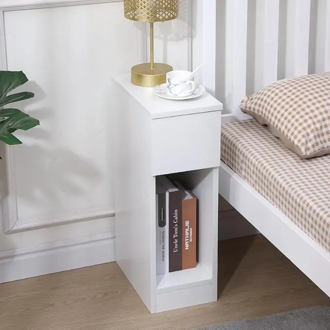 Slim Wood Bedside Table Bedroom Nightstand with Shelf and Drawer, Narrow Bathroom Small Floor Storage Cabinet Living Room End Table Sofa Side Table (White)