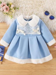 Baby's Contrast Lace Bow Decor Faux Fur Trim Dress, Cute Long Sleeve Collar A Line Dress for Fall & Winter, Infant Toddler Kids Clothes for Daily Wear