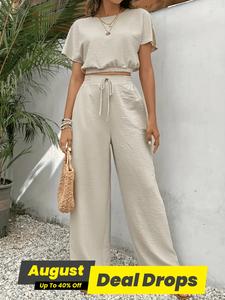 Women's Solid Color Shortsleeve Top & Wide Leg Pants Two-piece Set, Chic Round Neck Top & Drawstring Waist Trousers Casual Matching Set for Summer, Minimalist Ladies Clothes for Daily Wear, Womenswear, Fashion Set, Outfit Set