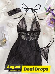 Women's Floral Lace Cut Out Halter Nightdress & Thong & Neck Decoration Set, Sexy Sheer Sleeveless Nightgown & Panty & Neck Decoration Set, Women's Sleepwear for All Seasons