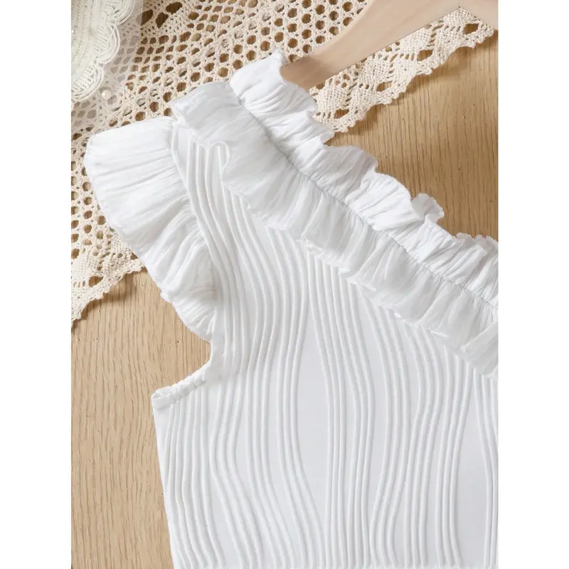 Tween Girls Elegant Asymmetrical Neck Frill Trim T-Shirt 3