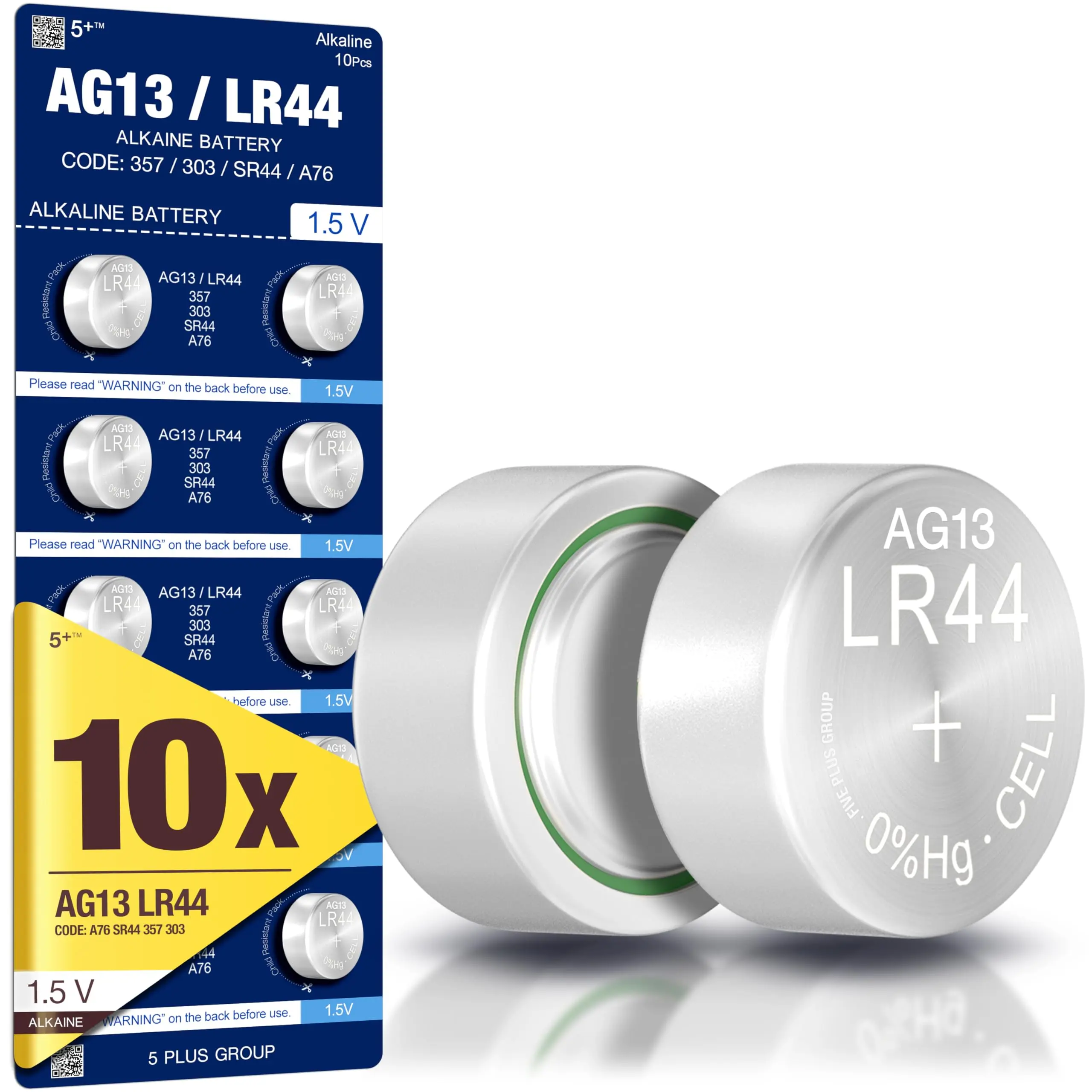 5Plus 10 Pcs LR44 AG13 357 303 SR44 A76 Battery 1.5V Button Coin Cell Batteries Ideal for Watches, Hearing Aids, Glucometers, Key Fobs, Car Keys and More