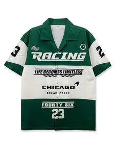 Men's Racing Print Short Sleeve Lapel Shirt, Regular Fit Casual Letter Graphic Button Front Shirt for Summer, Fashion Men's Top for Daily Wear