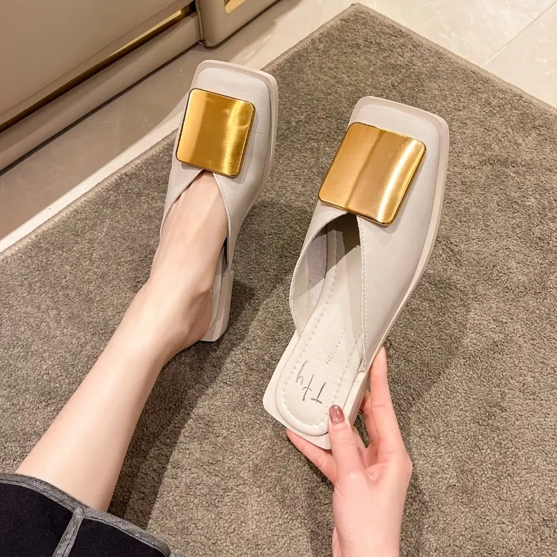 [Golden Accent Mule Shoes Square] Elegant Black Slip-On Mules with Golden Metallic Accent - Comfortable Low Heel, Square Toe Design, Faux Cover, Non-Slip Rubber Sole for All-Season Wear, Mule Shoes 3