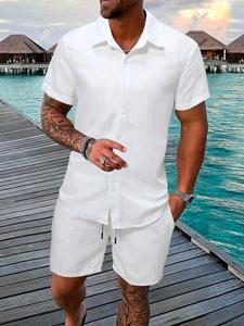 Two-Piece Set Men's Solid Textured Short Sleeve Shirt & Drawstring Waist Shorts, Regular Fit Casual Comfy Button Down Top & Shorts for Beach Vacation, Men's Clothing for Summer, Shortsleeve Menswear