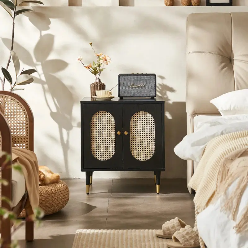 Lille 2 Door Rattan Bedside Cabinet - Black 3