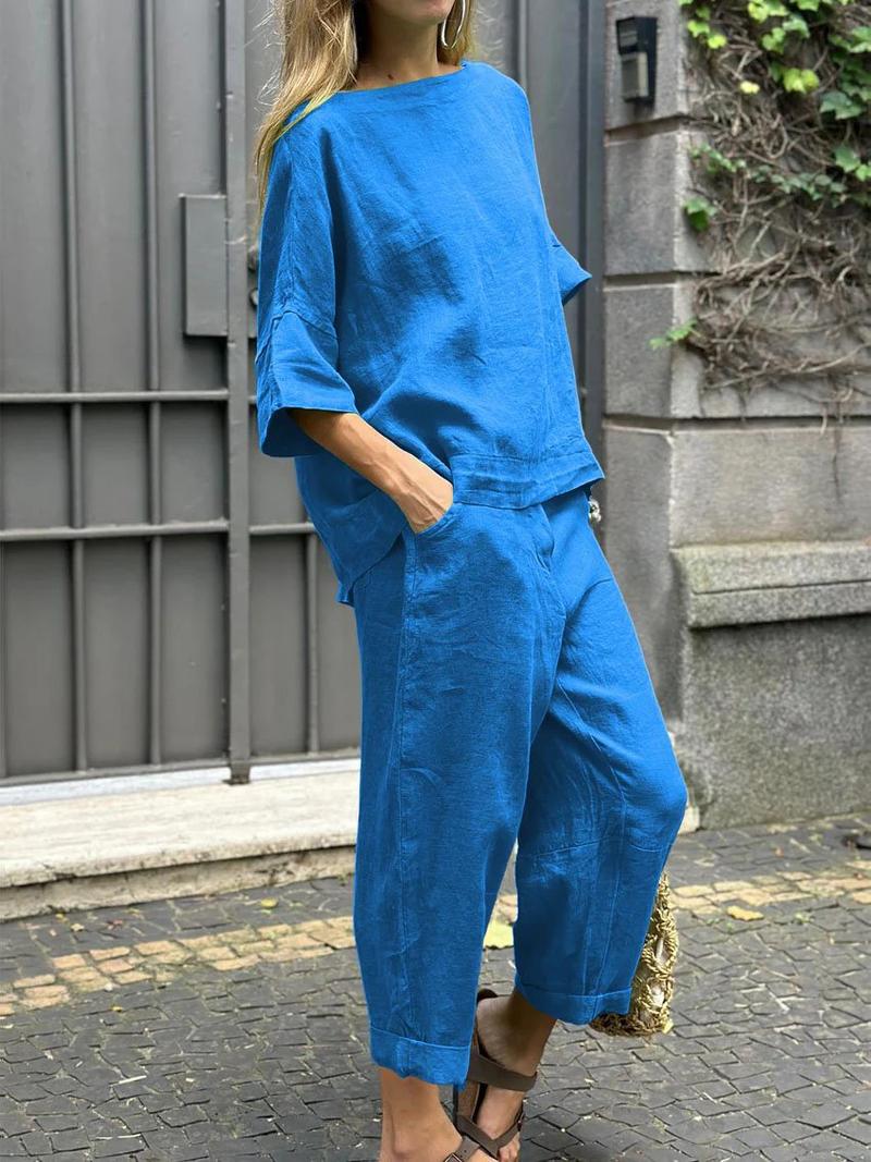 Product Introduction of Fashion Cotton Linen Women Suit Casual Half Sleeve O Neck Top And Loose Pocket Pants 2 Piece Set 2025 Spring Summer Sets Female 2
