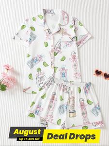 Women's Cartoon Bottle Print Shirt & Elastic Waist Shorts Pajama, Comfy Shortsleeve Button Top & Shorts Pajama Set, Cute Loungewear, Homewear, Pjs, Nightwear Lounge Set, Lady Pajamas, Casual Sleepwear Set, Summer Sleepwear Set