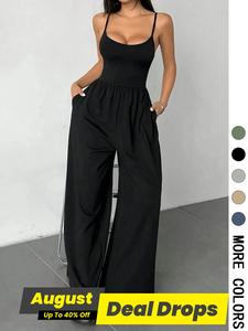 Women's Solid Color Cami Jumpsuit, Casual Breathable Minimalist Sleeveless Comfy Wide Leg Jumpsuit for Summer, Women's Jumpsuit for Daily Wear, Overalls, Womenswear, Casual Basic Jumpsuit, Casual Style Jumpsuit, Casual Jumpsuits