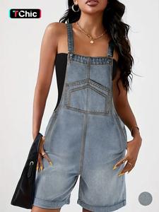 Women's Denim Overalls Shorts, Casual Comfy Adjustable Buckle Straps Cuffed Hem Jean Shortalls for Daily Wear, Casual Wearfor Ladies