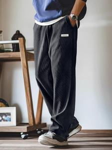 Men's Letter Patched Pocket Ribbed Pants, Loose Casual Comfy Elastic Waist Trousers for Fall & Winter, Men's Bottoms for Daily Wear