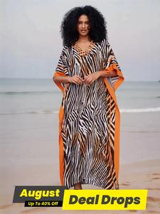 EDOLYNSA Striped Women's Batwing Kaftan Long Dress Oversized Chic Casual Bohemian House Robe Beachwear Vacation Bathing Suit Cover Up Lounge Wear, Summer, Casual Loose Dress