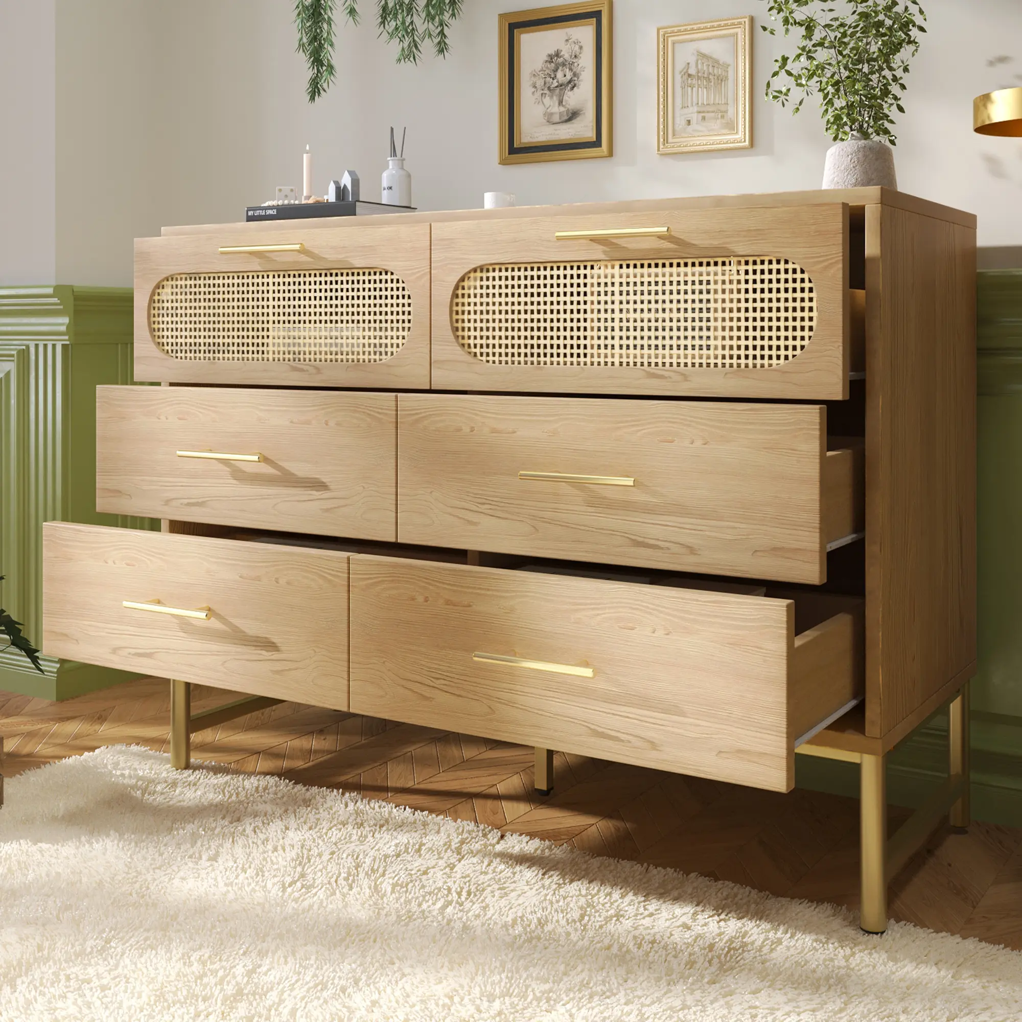 Rattan Sideboard Storage Cabinet with 6 Drawers, Cupboard Sideboards for Living Room, Bedroom, and Hallway, Metal Handles, Anti-Tip, 120 x 40 x 74 cm, Oak