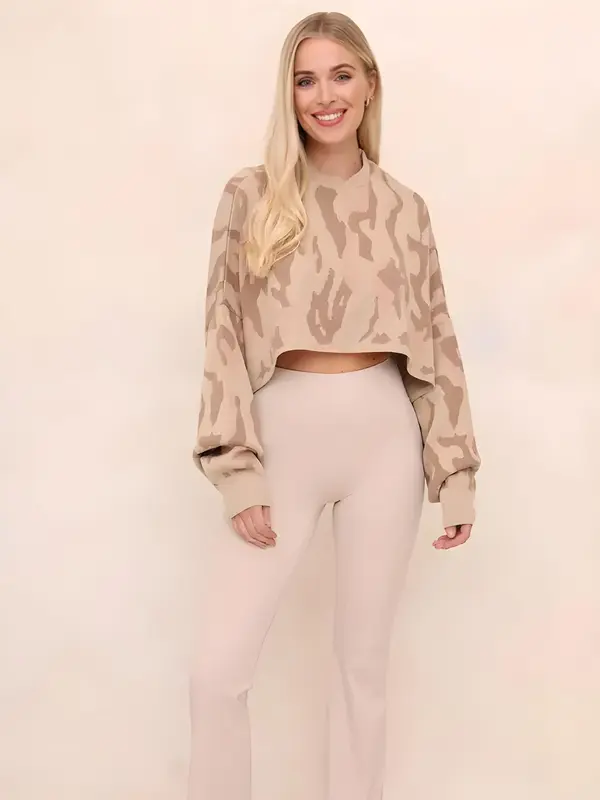 Luxe Knitwear Neutral Camo Jacquard Cropped Jumper - Trendy and Comfortable Knitwear Top - Chic -Womenswear 2
